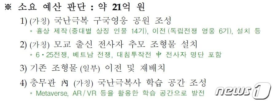 본문 이미지 - 육군사관학교 기념물 재정비 계획 문서 중 일부.  독립유공자 동상 6기를 교내 '국난극복 구국영웅 공원'을 조성해 이전 설치한다는 계획이 담겨있다. 