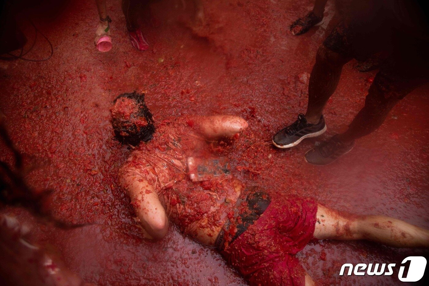 본문 이미지 - 스페인 발렌시아주(州) 부뇰에서 8월 마지막 수요일에 열리는 토마토 축제 ‘라 토마티나’가 30일(현지시간) 한창인 가운데, 참가자들이 토마토를 먹고 던지는 ‘푸드 파이트’를 벌이고 있다. ⓒ AFP=뉴스1 ⓒ News1 이유진 기자
