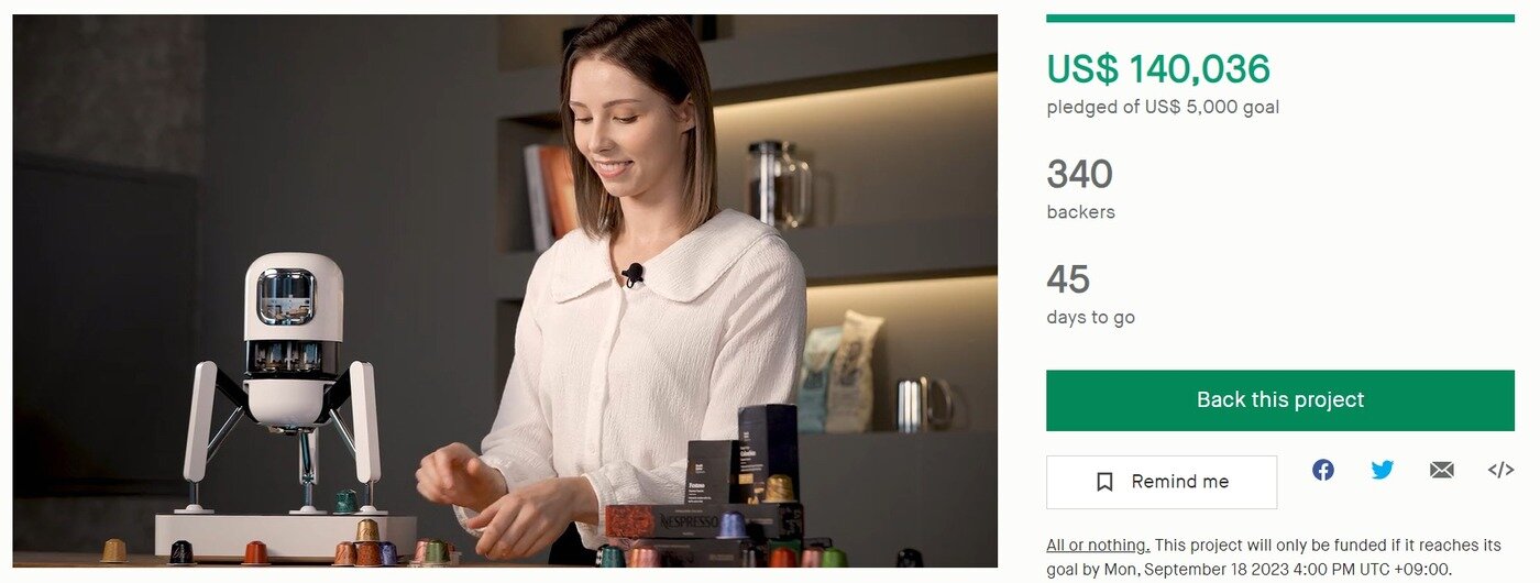 본문 이미지 -  LG전자가 우주탐사선 커피머신 '듀오보'를 20일 미국 크라우드 펀딩 플랫폼 '킥스타터'에 선보였다.  2주만에 340명 후원자과 14만달러의 펀딩 금액이 모였다. (킥스타터 홈페이지 갈무리) 