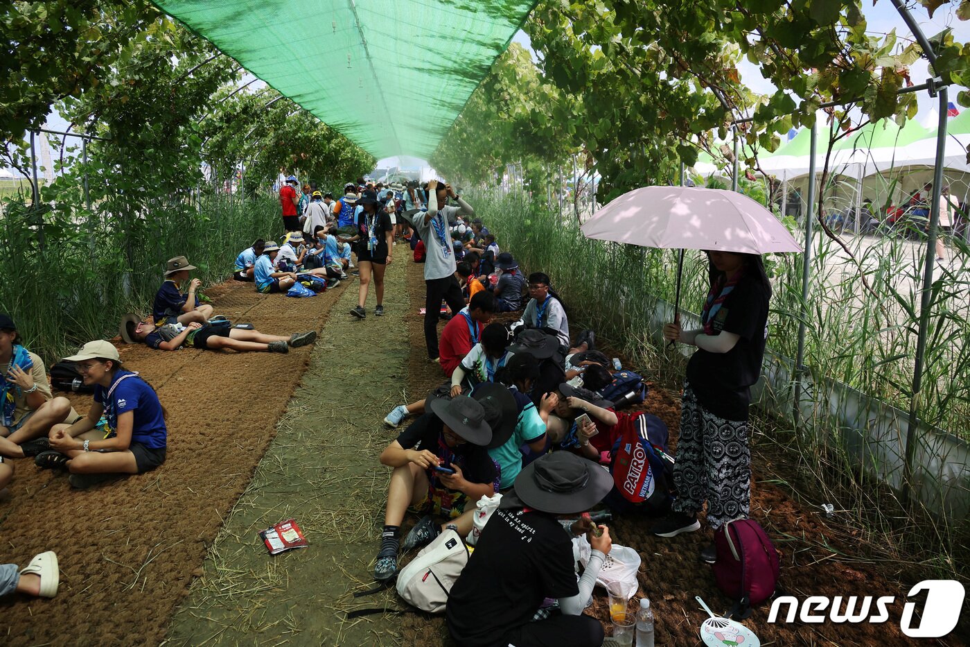 본문 이미지 - 4일 전라북도 부안군에서 열린 '2023 새만금 세셰스카우트잼버리' 캠핑장에서 참가자들이 강한 햇빛을 피해 대피하고 있다. 2023.08.04/ ⓒ 로이터=뉴스1 ⓒ News1 임윤지 기자