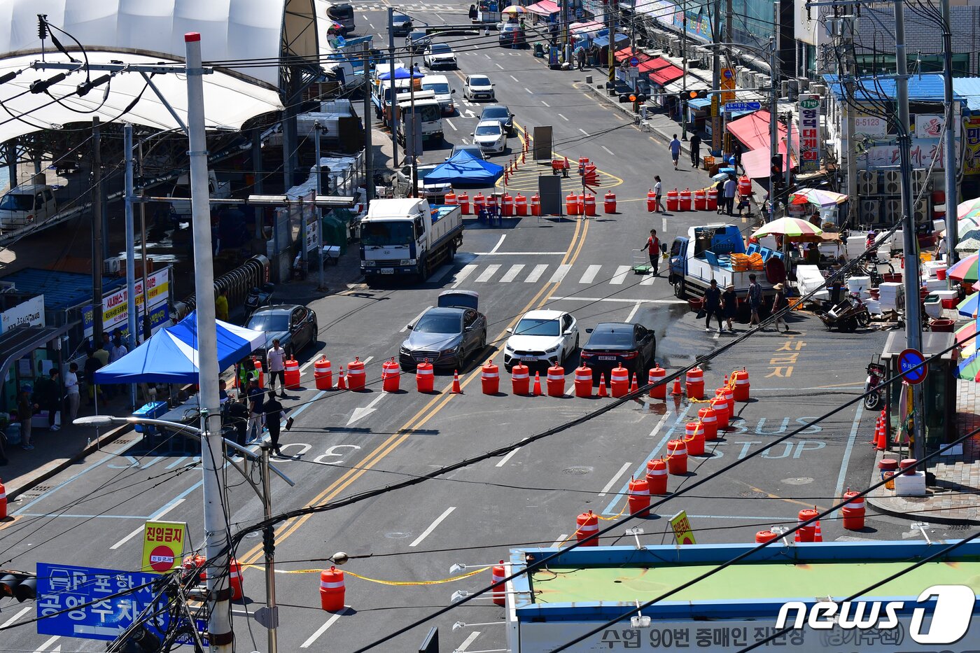 본문 이미지 - 경북 포항시 죽도어시장 포항수협 위판장 앞 도로에서 발생한 도로 침하 현장. &#40;뉴스1 자료&#41; ⓒ News1 최창호 기자