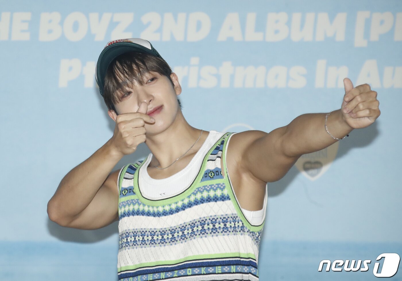 본문 이미지 - 그룹 더보이즈(THE BOYZ) 상연이 7일 오후 서울 영등포구 CGV 영등포에서 진행된 정규 2집 ‘판타지(PHANTASY)’ 발매 기념 기자간담회에서 포즈를 취하고 있다. 2023.8.7/뉴스1 ⓒ News1 권현진 기자