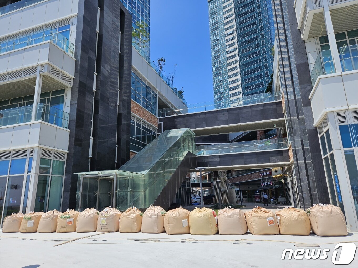 본문 이미지 - 송도 힐스테이트이진베이시티 아파트 앞에 줄지어 놓여진 커다란 마대들. 2023.8.8/뉴스1 ⓒ News1 권영지 기자