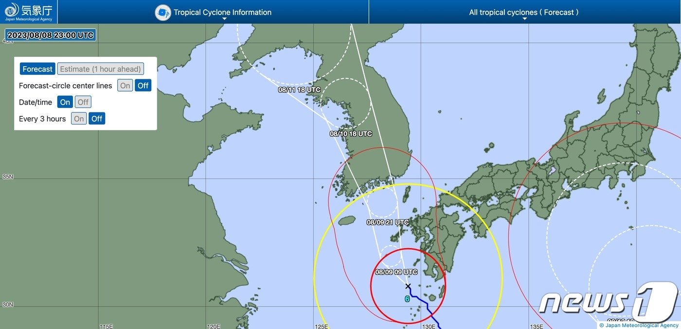 일본기상청&#40;JMA&#41;의 카눈 예측 진로 ⓒ 뉴스1 DB