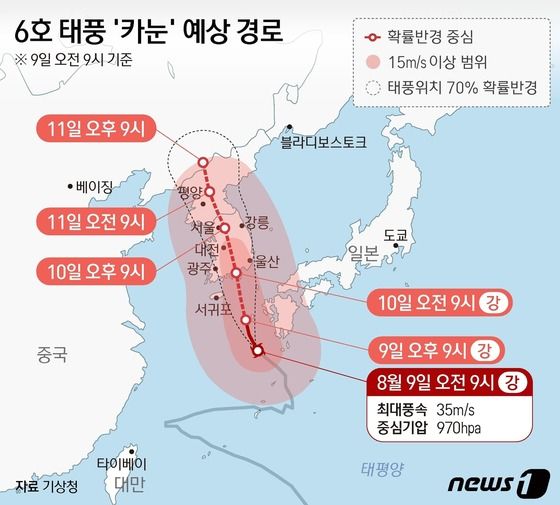 제6호 태풍 카눈이 느린 속도로 북상을 거듭하고 있다. 일본 규슈 남쪽과 가까워진 카눈은 조만간 제주를 직접 영향권에 담는다. 수요일인 9일 오전부터 남부 지방을 중심으로 많은 비가 내리기 시작해 전국으로 확대되겠다. © News1 양혜림 디자이너