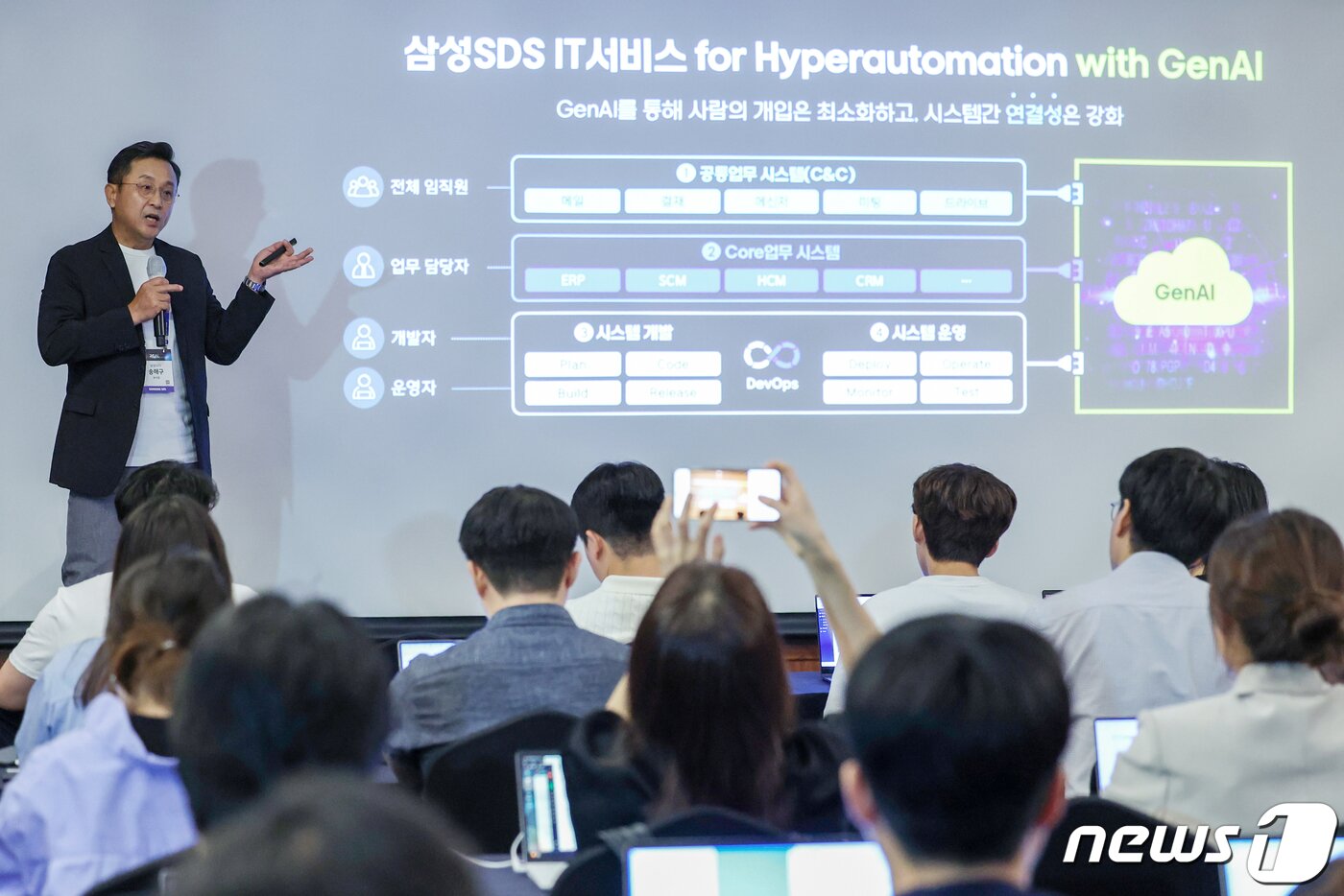 본문 이미지 - 송해구 삼성SDS 솔루션사업부장이 12일 서울 강남구 그랜드인터컨티넨탈 파르나스에서 열린 '리얼서밋 2023 미디어데이'에서 Gen AI 기반 하이퍼오토메이션 엔터프라이즈 구현에 대해 발표하고 있다. 2023.9.12/뉴스1 ⓒ News1 민경석 기자