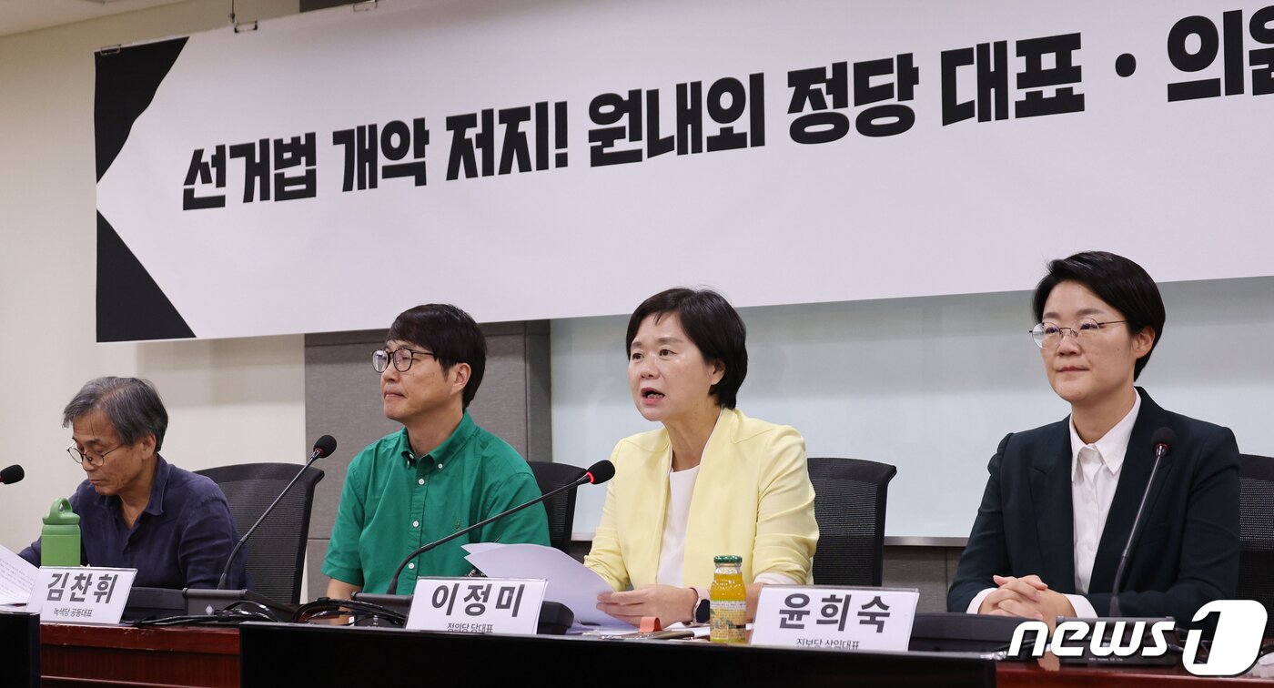 본문 이미지 - 이정미 정의당 대표가 13일 오후 서울 여의도 국회 의원회관에서 열린 '선거법 개악 저지! 원내외 정당 대표·의원단 긴급연석회의'에서 모두발언을 하고 있다. (공동취재) 2023.9.13/뉴스1 ⓒ News1 황기선 기자