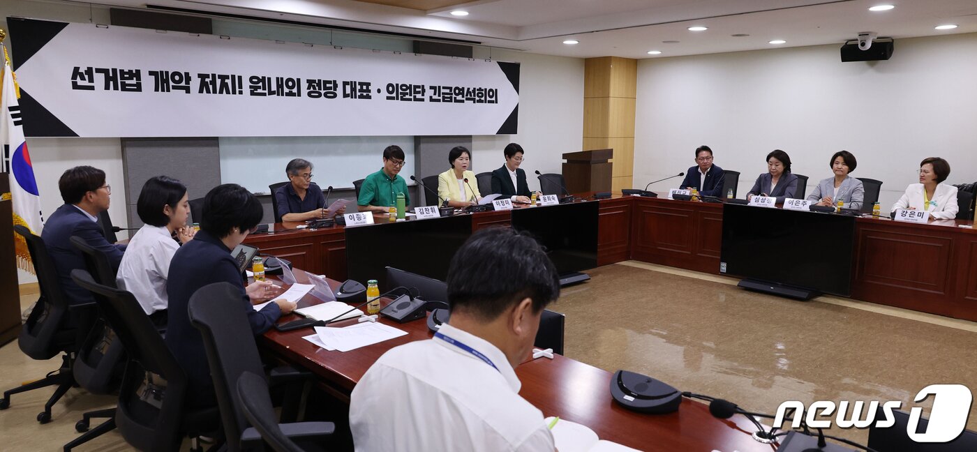 본문 이미지 - 이정미 정의당 대표가 13일 오후 서울 여의도 국회 의원회관에서 열린 '선거법 개악 저지! 원내외 정당 대표·의원단 긴급연석회의'에서 모두발언을 하고 있다. (공동취재) 2023.9.13/뉴스1 ⓒ News1 황기선 기자