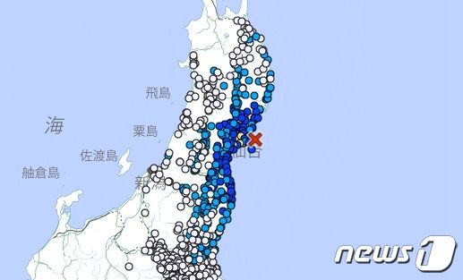 일본 미야기현 앞바다에서 지진이 발생했다. <출처=일본 기상청>