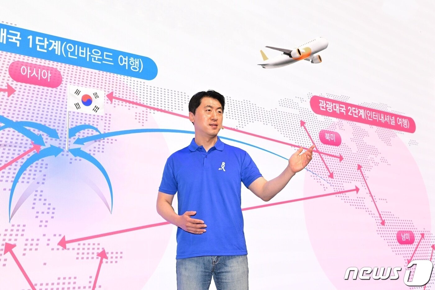 본문 이미지 - 김종윤 야놀자클라우드 공동대표가 인터파크트리플 비전 선포 미디어데이에서 ‘K-트래블의 중심이 될 인터파크트리플’을 주제로 발표하고 있다. 이 자리에서 야놀자는 독보적인 K-콘텐츠에 혁신 AI 기술을 더한 상품과 서비스를 선보이며, 오는 2028년까지 연간 외국인 방한 관광객 5000만명 돌파를 목표로 관광대국 육성에 기여할 계획이라고 밝혔다.(야놀자 제공)