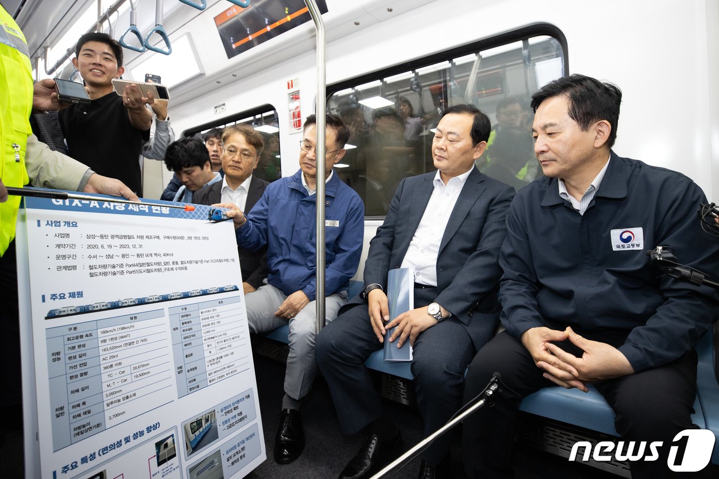 본문 이미지 - 원희룡 국토교통부 장관이 지난 9월 21일 오전 서울 강남구 수서역에서 GTX-A 철도 수서~동탄 구간 시운전 차량에 탑승해 있다. (국토교통부 제공) 2023.9.21/뉴스1