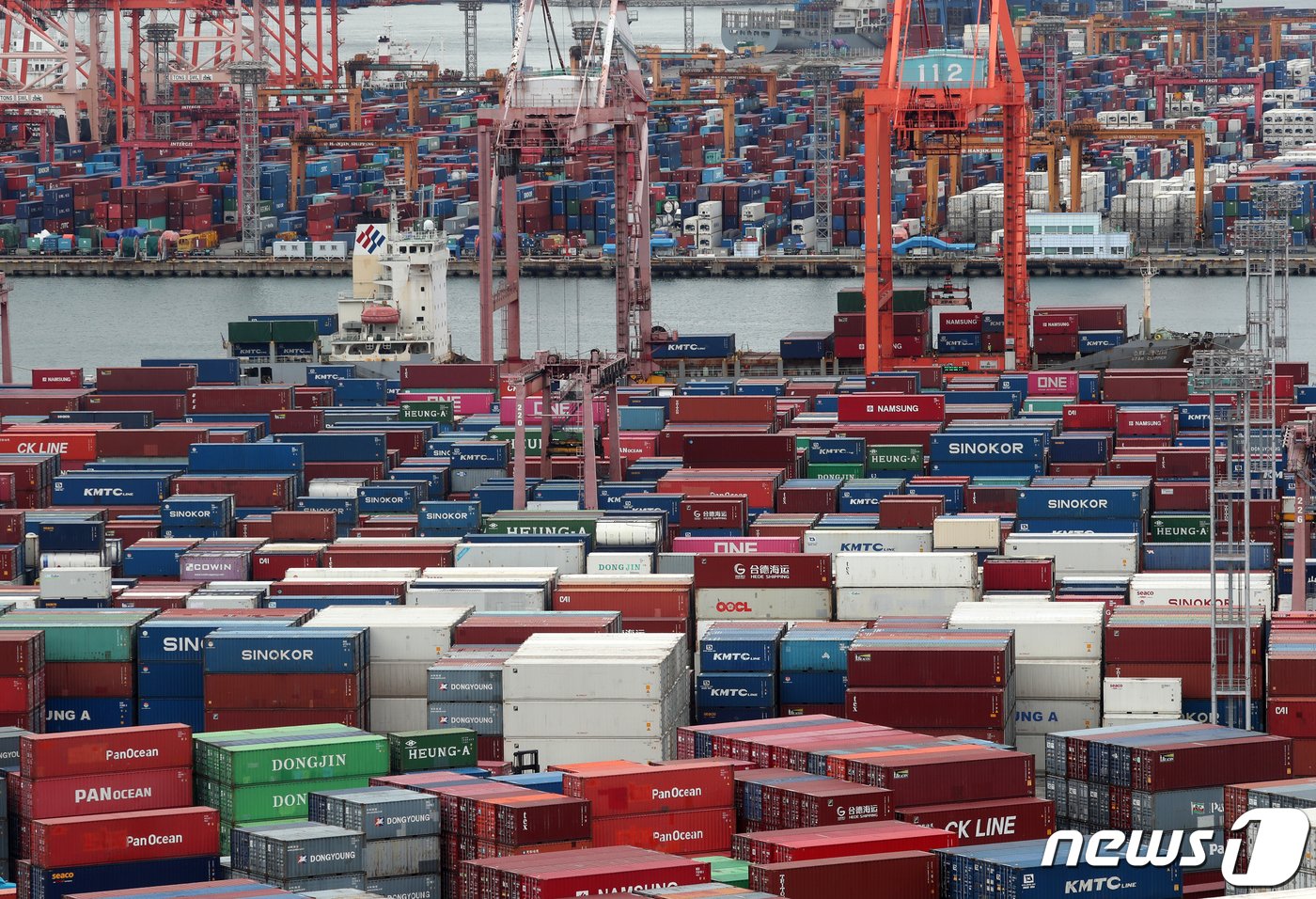 본문 이미지 - 부산항 신선대부두와 감만부두 야적장에 컨테이너가 가득 쌓여 있다. 2023.9.21/뉴스1 ⓒ News1 윤일지 기자