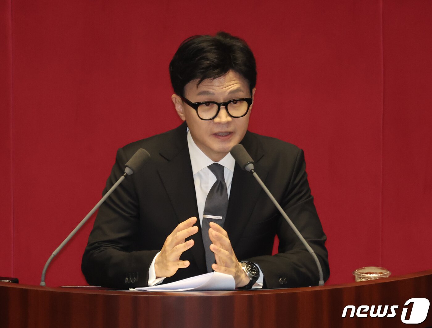 본문 이미지 - 한동훈 법무장관이 21일 오후 서울 여의도 국회에서 열린 제410회 국회&#40;정기회&#41; 제8차 본회의에서 국회의원&#40;이재명&#41; 체포동의안에 대한 체포동의요청 이유설명을 하고 있다. 2023.9.21/뉴스1 ⓒ News1 송원영 기자