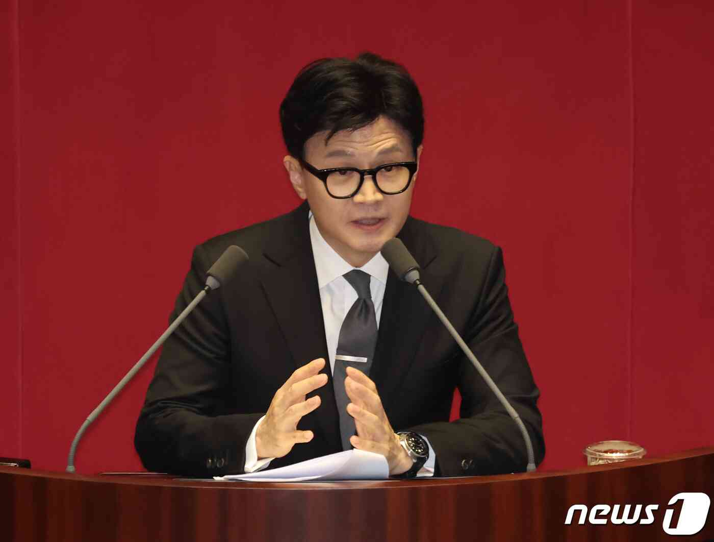 한동훈 법무장관이 21일 오후 서울 여의도 국회에서 열린 제410회 국회(정기회) 제8차 본회의에서 국회의원(이재명) 체포동의안에 대한 체포동의요청 이유설명을 하고 있다. 2023.9.21/뉴스1 © News1 송원영 기자