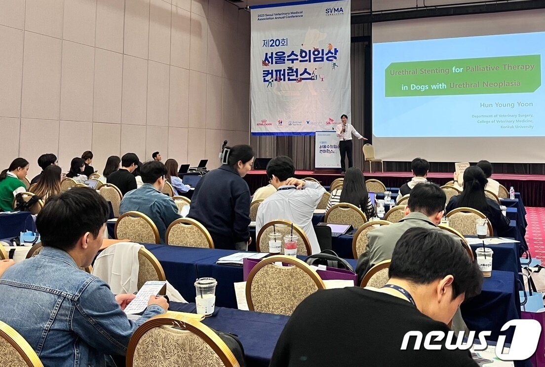 본문 이미지 - 윤헌영 건국대학교 교수가 23일 서울 광진구 세종대학교에서 열린 '제20회 서울수의임상콘퍼런스'에서 강의를 하고 있다. ⓒ 뉴스1 한정원 인턴기자