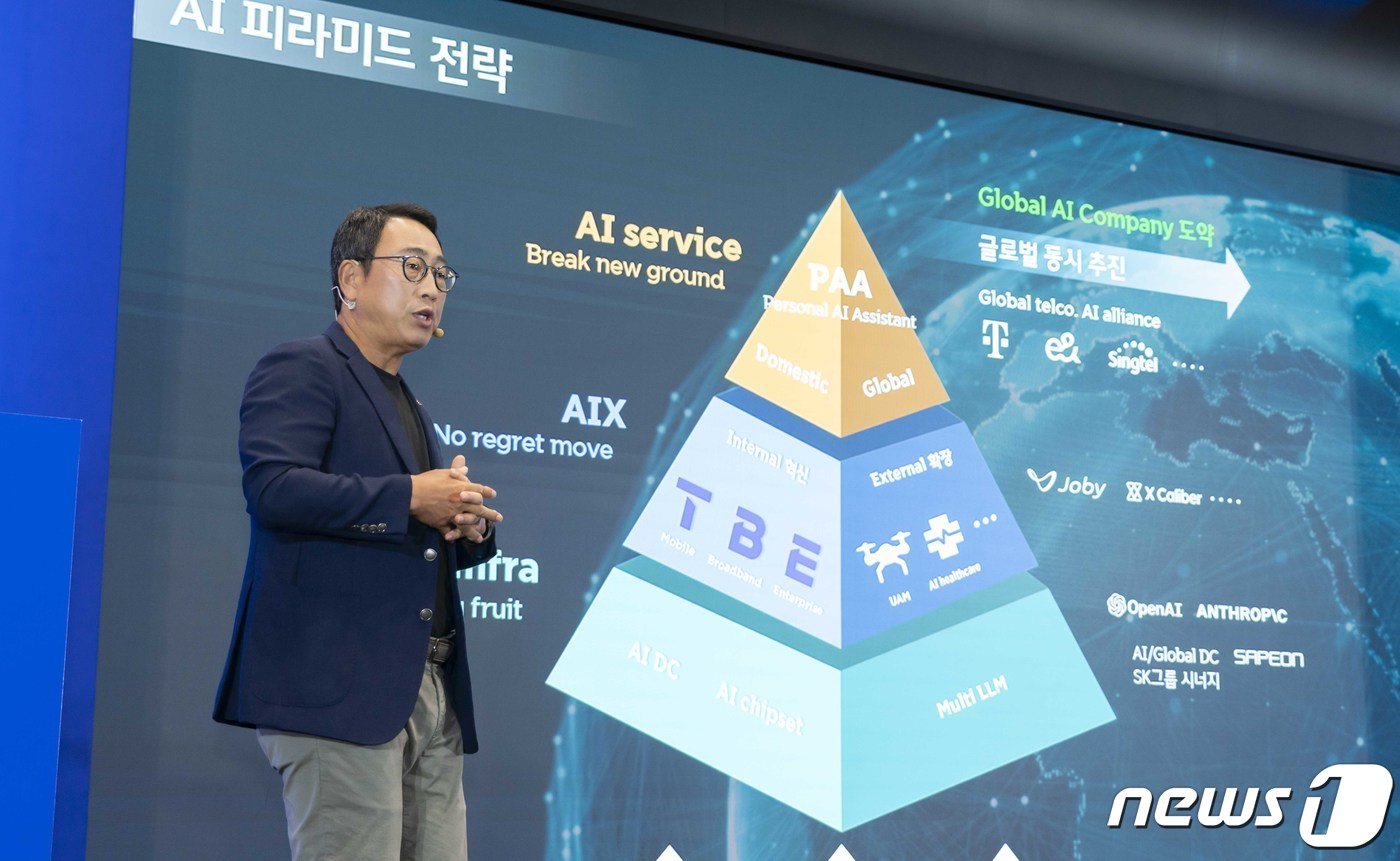 본문 이미지 - 유영상 SKT 대표가 지난달 26일 SK T타워 수펙스홀에서 열린 ‘SKT AI 사업전략 기자간담회’에서 키노트를 발표하고 있다. SKT는 이날 "과거 5년간 12% 규모였던 AI 관련 투자 비중을 향후 5년간 33%로 3배 확대해 2028년 매출 25조원 이상을 달성하겠다＂고 밝혔다. (SKT 제공) 2023.9.26/뉴스1