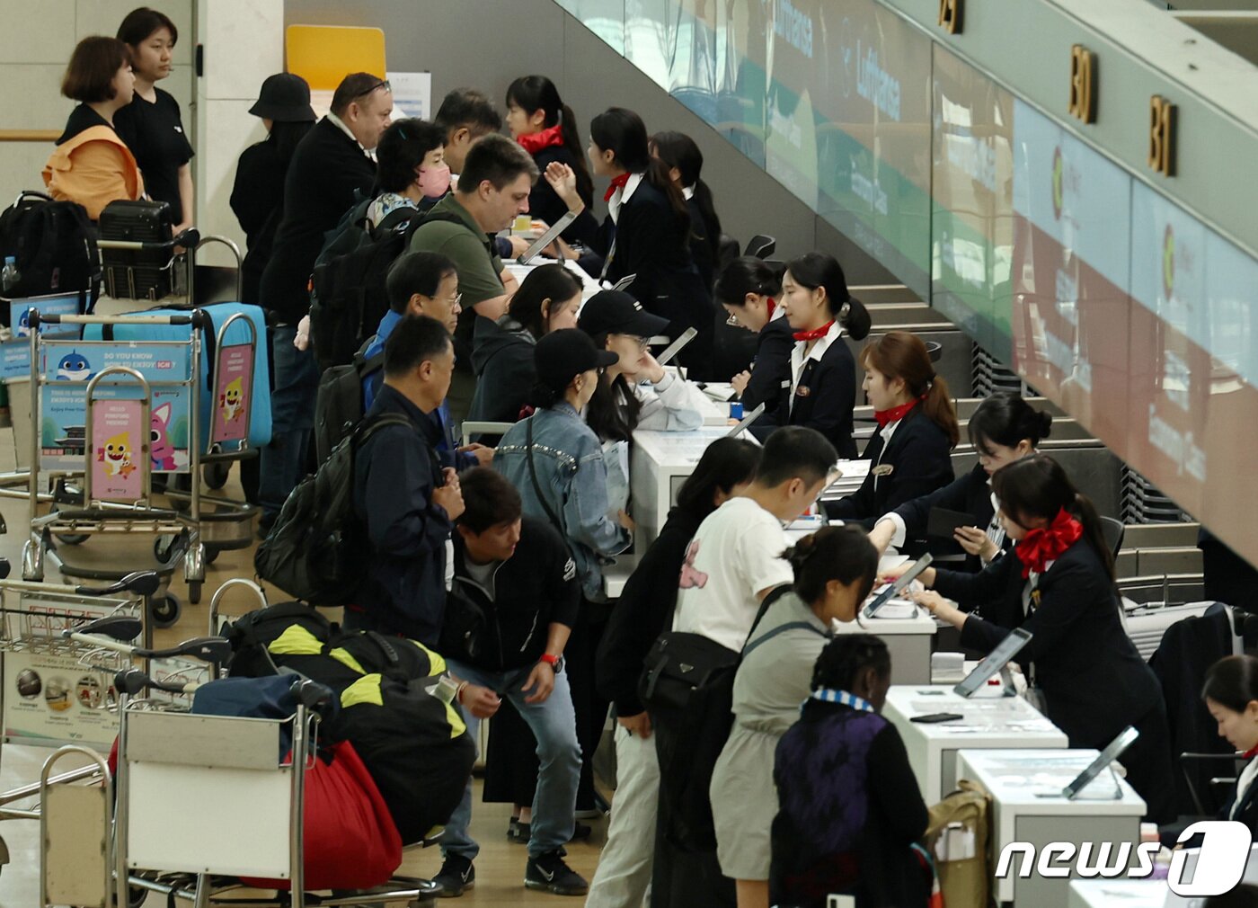 본문 이미지 - 인천국제공항 제1여객터미널 출국장의 한 항공사 카운터(사진은 기사 내용과 무관함) / 뉴스1 ⓒ News1