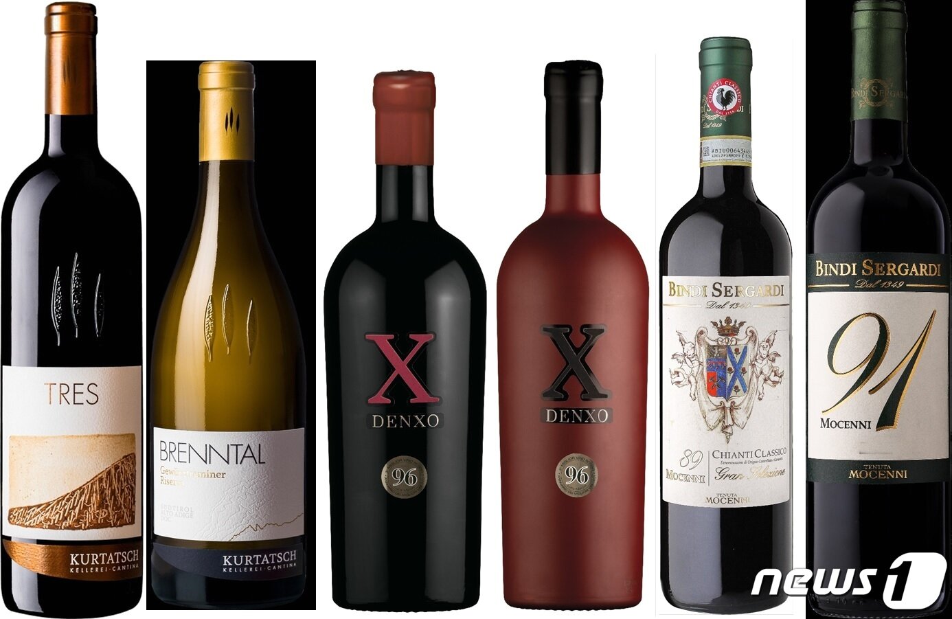 본문 이미지 - (왼쪽부터)쿠르타취의 브렌탈 화이트·트레스,  빅시오의 덴소X, 빈디 세르가르디의 모체니 89·91. 에이비씨코퍼레이션이 새로 들여온 이탈리아 와인 6종.(에이비씨코퍼레이션 제공)
