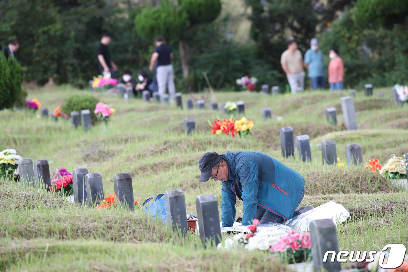 본문 이미지 - 성묘객들이 성묘를 하고 있다. 2023.9.27/뉴스1 ⓒ News1 김태성 기자