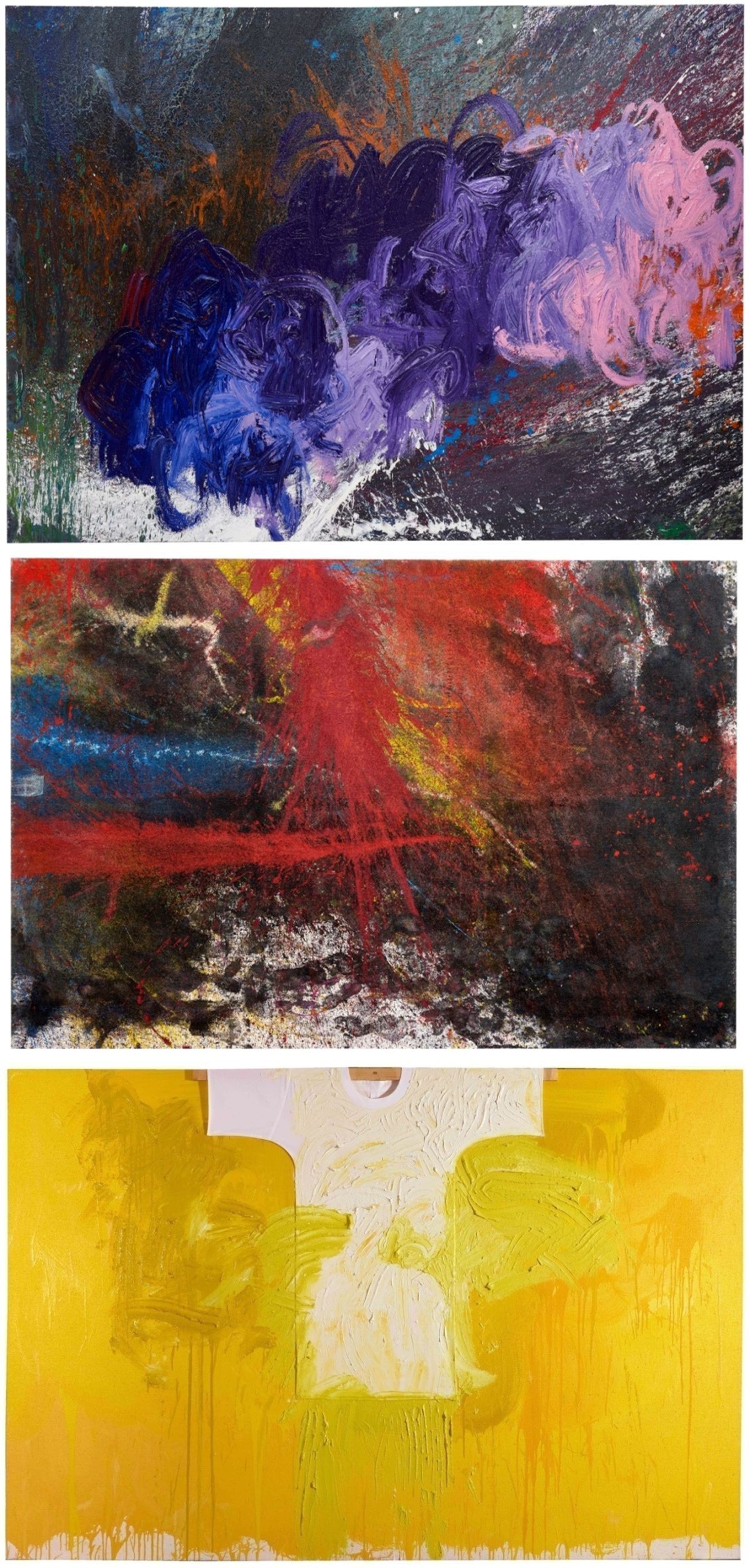 본문 이미지 - 위에서부터 "'Sch&uuml;ttbild', 2021, Acrylic on hemp cloth, 200 x 300 cm" "'Sch&uuml;ttbild', 2021, Acrylic on canvas, 200 x 300 cm" "'Sch&uuml;ttbild', 2018 Acrylic on hemp cloth, 200 x 300 cm" (제공 K&L미술관)