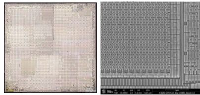  SMIC 7나노 공정이 적용된 기린9000s(Hi36A0) 칩 광학 사진(왼쪽). 오른쪽은 7나노와 일치하는 비트 셀 크기를 확인하는 웨이퍼 끝단 이미지.(테크인사이츠 제공) 