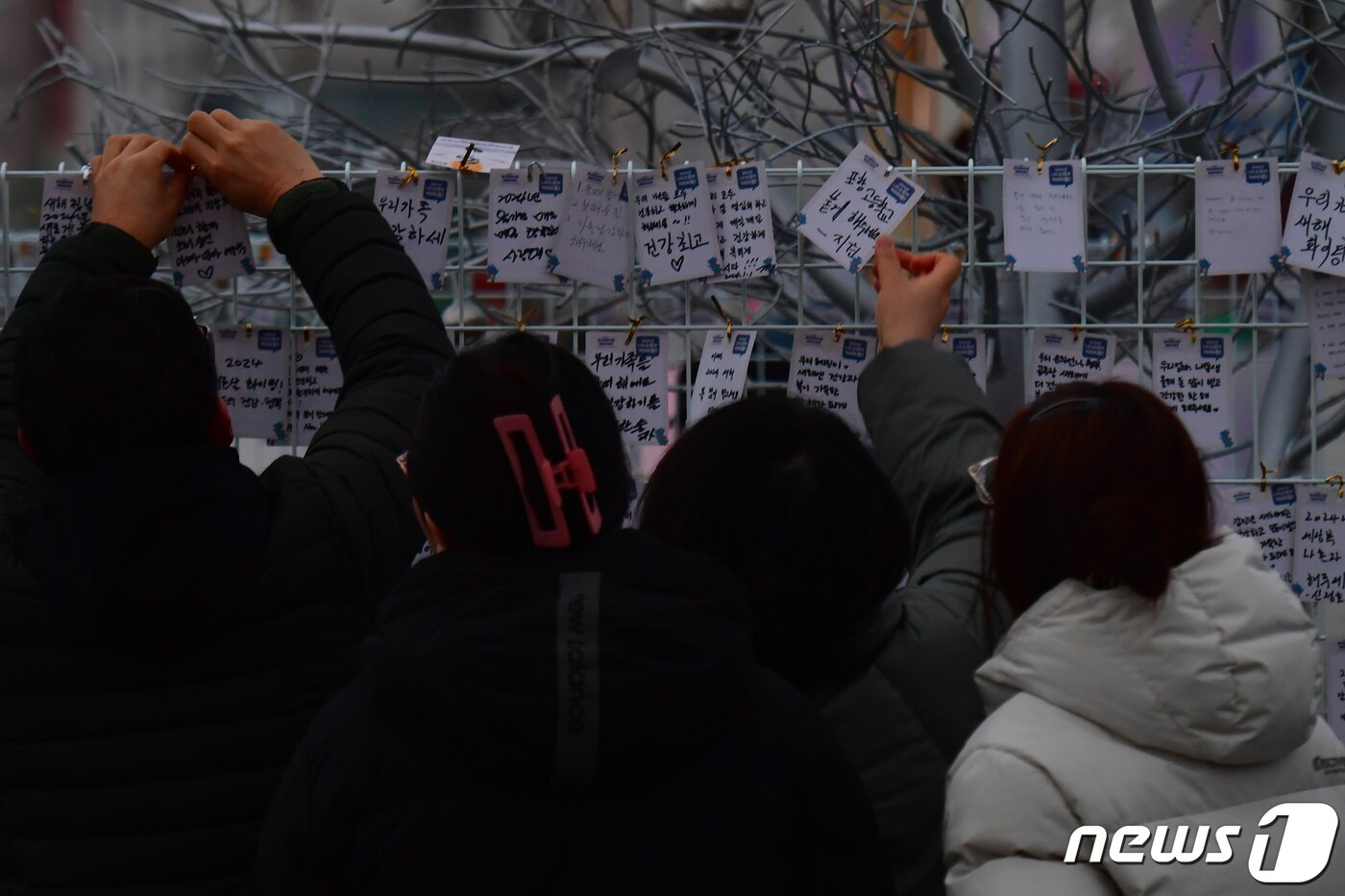 본문 이미지 - 갑진년 새해 첫 날인 1일 경북 포항시 북구 영일대해수욕장에서 관광객들이 소원지를 달고 있다.2024.1.1/뉴스1 ⓒ News1 최창호 기자
