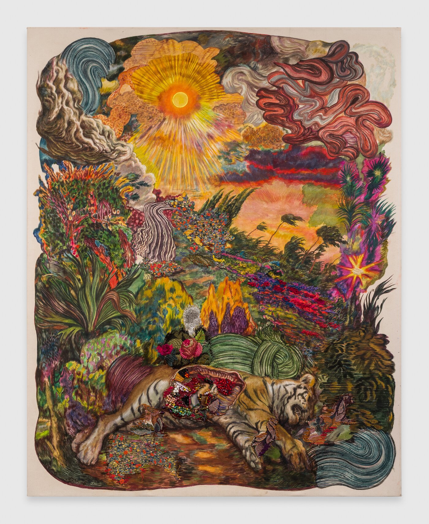 Ken Gun Min 1988-2012, 2023 oil, Korean pigment, silk embroidery thread, beads, crystals 80 x 64 inches, 203.2 x 162.6 cm Courtesy the artist, Shulamit Nazarian, and Lehmann Maupin, New York, Hong Kong, Seoul, and London. Photo by Edward Mumford. 