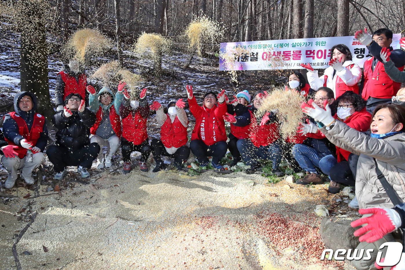 13일 오전 대구 동구 팔공산에서 열린 &#39;겨울철 야생동물 먹이주기&#39; 행사에 참여한 대구자연보호봉사단 회원과 시 공무원 등이 야생동물을 위해 수수, 겉보리, 옥수수 등 곡식류를 뿌려주고 있다. 2024.1.13/뉴스1 ⓒ News1 공정식 기자