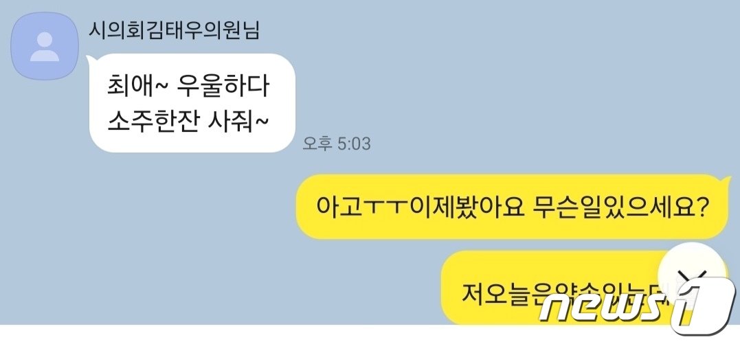 국민의힘 소속 양산시의회 김태우 의원과 여직원이 나눈 카카오톡 대화 내용. &#40;독자제공&#41;