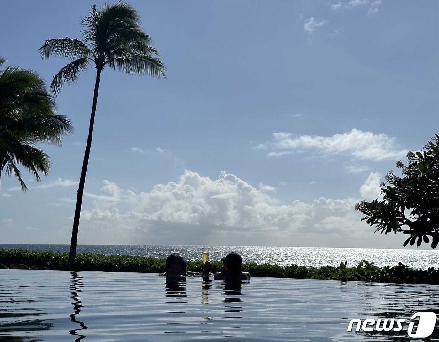 본문 이미지 - 성인 인피니티풀에서 바다를 바라보며 맥주를 즐기고 있는 투숙객들의 모습ⓒ News1 