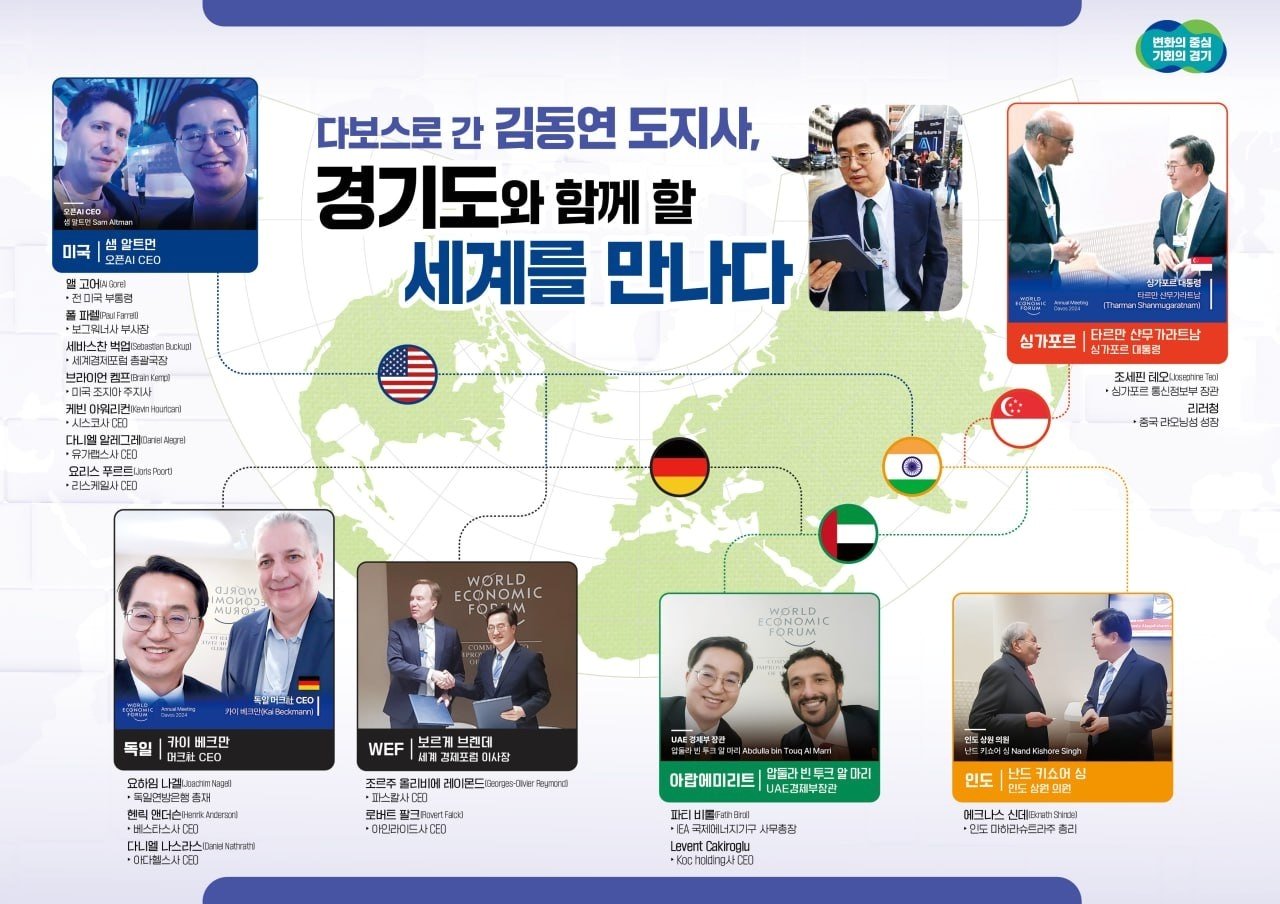 김동연 경기도지사는 2024 세계경제포럼&#40;WEF. 다보스 포럼&#41; 참석을 위해 13일부터 21일까지 7박 9일간의 해외 방문에 나섰다.김 지사는 스위스 다보스와 프랑스에서 투자유치·국제교류 강화란 두 마리 토끼를 모두 잡았다는 평가를 받고 있다.&#40;경기도 제공&#41;