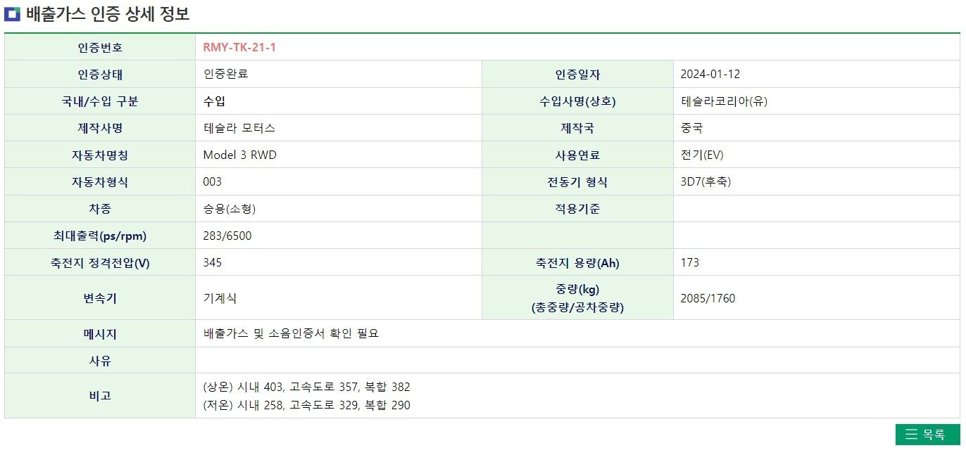 본문 이미지 - 테슬라 모델 3 RWD 환경부 인증 내역.(자동차 배출가스·소음 인증시스템 캡쳐)