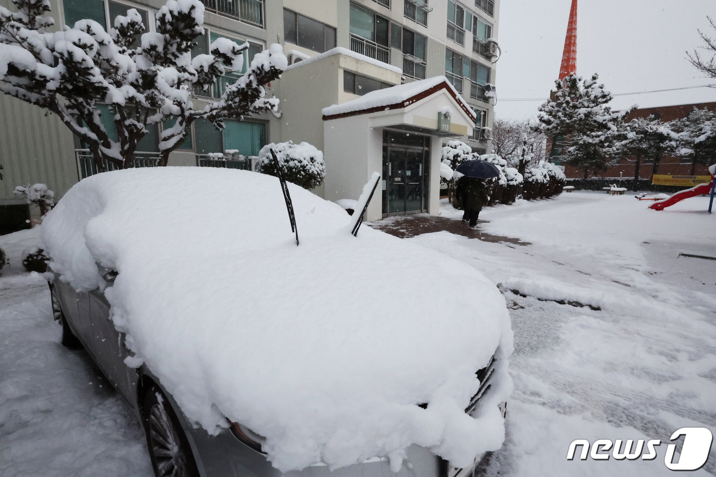 (광주=뉴스1) 김태성 기자 = 광주와 전남지역에 사흘째 대설특보가 발효된 24일 오전 광주 광산구 한 아파트 주차장에 눈이 쌓여있다. 2024.1.24/뉴스1