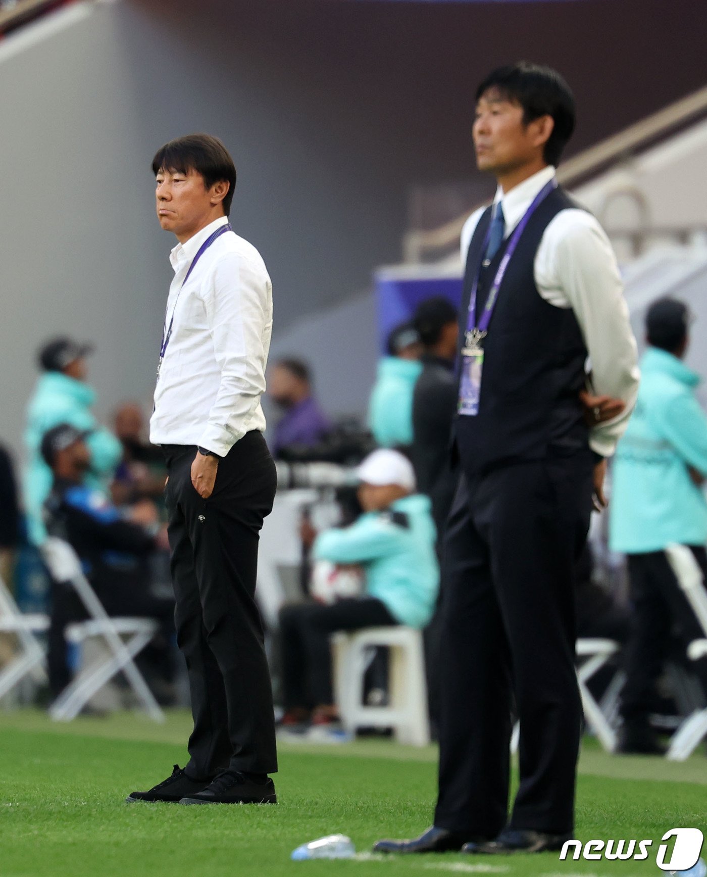 본문 이미지 - 인도네시아 신태용 감독(왼쪽)과 일본 모리야스 하지메 감독. 2024.1.24/뉴스1 ⓒ News1 김성진 기자