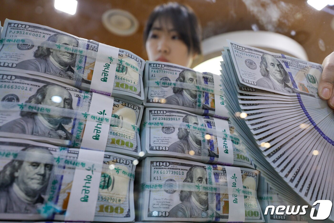 본문 이미지 - 서울 중구 하나은행 명동점 위변조대응센터에서 직원이 달러화를 정리하고 있다. 2024.1.29/뉴스1 ⓒ News1 안은나 기자
