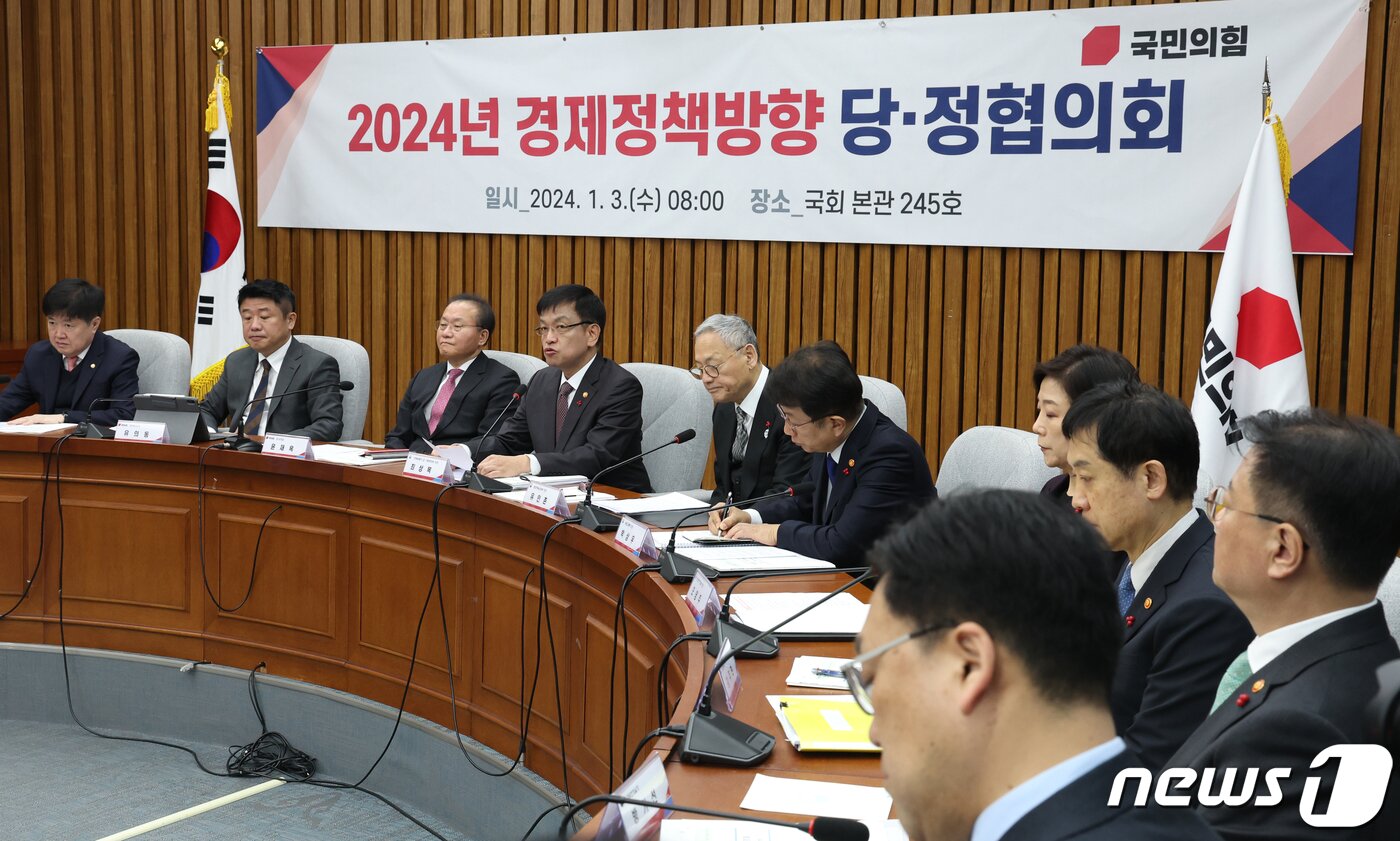 본문 이미지 - 최상목 경제부총리 겸 기획재정부 장관이 3일 서울 여의도 국회에서 열린 2024년 경제정책방향 당정협의회에서 발언을 하고 있다. 2024.1.3/뉴스1 ⓒ News1 송원영 기자
