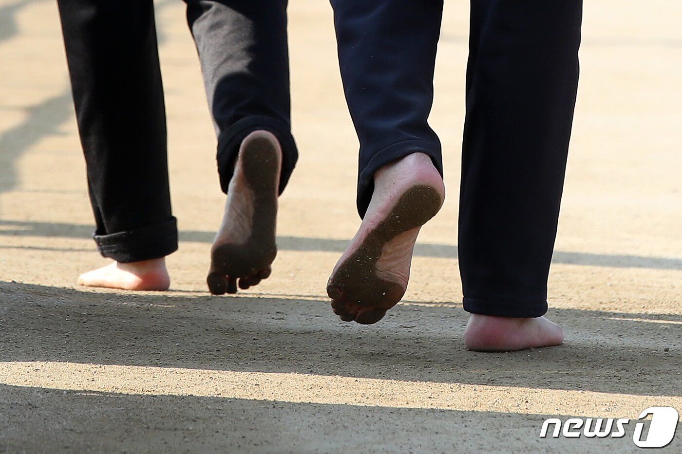 본문 이미지 - 대구 수성못을 찾은 시민들이 산책로를 따라 맨발로 걷고 있다. ⓒ 뉴스1 공정식 기자