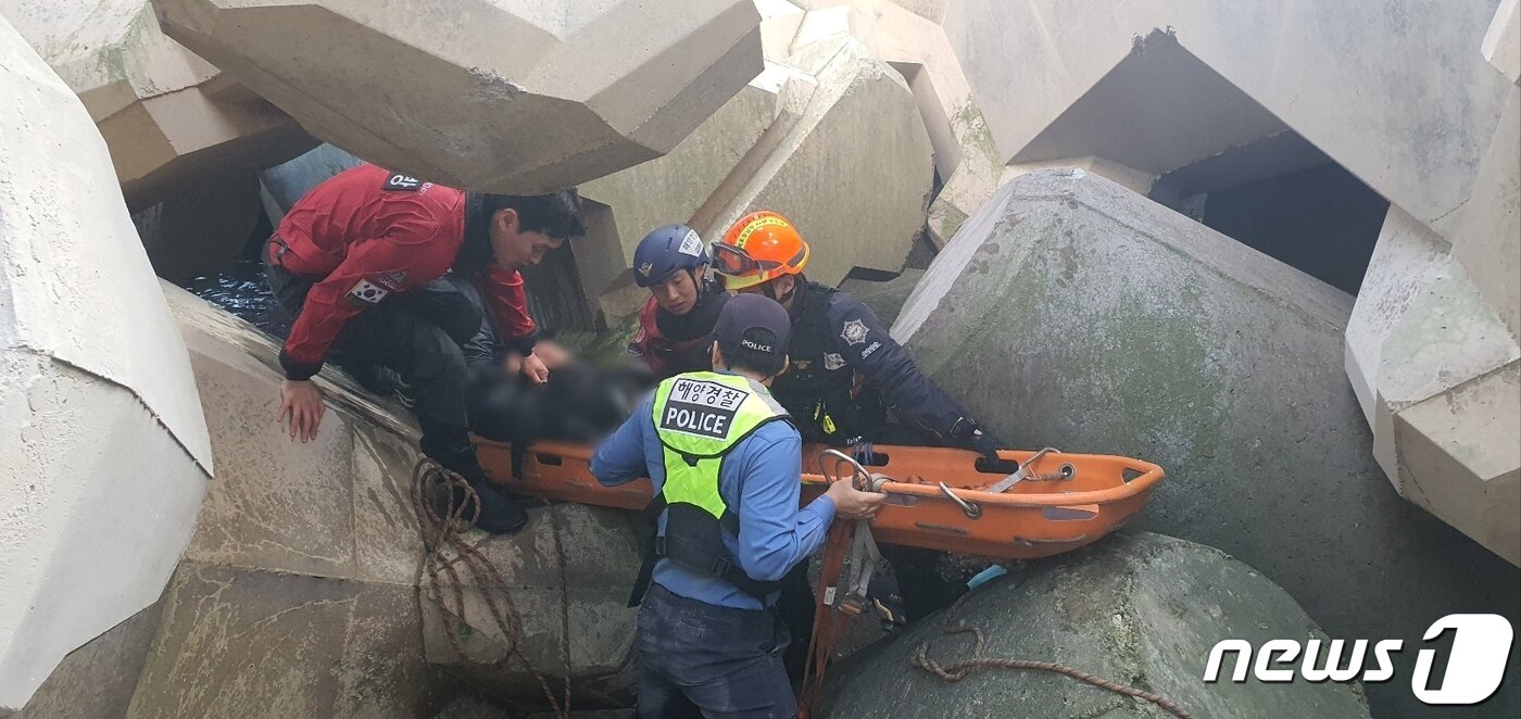 본문 이미지 -  5일 오후 2시44분쯤 경북 포항시 남구 양포항 방파제 테트라포드 위에서 70대 A씨가 10m아래 바다로 추락했다. 신고를 받고 출동한 포항해경 구조대와 포항남부소방서 119구조대원이 A씨를 구조하고 있다.(포항해양경찰서 제공)2024.1.5/뉴스1