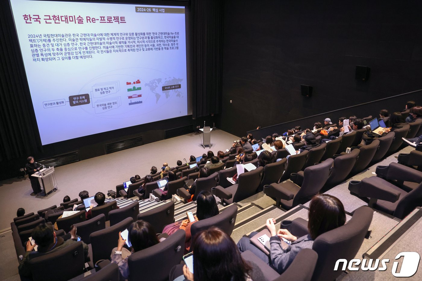 본문 이미지 - 김성희 국립현대미술관 관장이 9일 오전 서울 종로구 국립현대미술관에서 열린 '2024-26 중기 운영방향 및 2024년 전시 계획 언론공개회'에서 운영방향을 밝히고 있다. 2024.1.9/뉴스1 ⓒ News1 민경석 기자