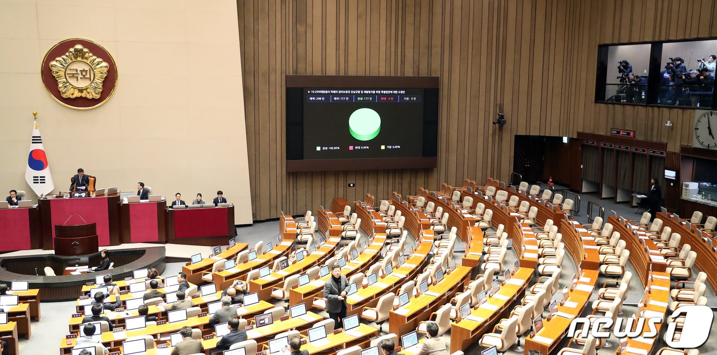 9일 오후 서울 여의도 국회 본회의장에서 열린 제411회 국회&#40;임시회&#41; 제4차 본회의에서 10.20 이태원 참사 진상규명과 재발 방지를 골자로 한 이태원 참사 특별법 수정안이 국민의힘 의원들이 퇴장한 가운데 재석 177명, 찬성 177표로 가결되고 있다.  2024.1.9/뉴스1 ⓒ News1 이승배 기자