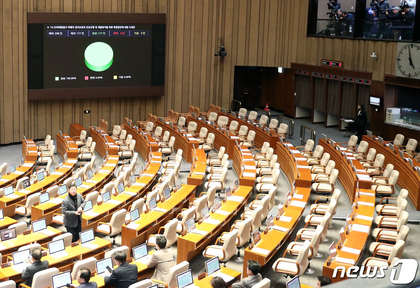 본문 이미지 - 9일 오후 서울 여의도 국회 본회의장에서 열린 제411회 국회(임시회) 제4차 본회의에서 10.20 이태원 참사 진상규명과 재발 방지를 골자로 한 이태원 참사 특별법 수정안이 국민의힘 의원들이 퇴장한 가운데 재석 177명, 찬성 177표로 가결되고 있다.  2024.1.9/뉴스1 ⓒ News1 이승배 기자