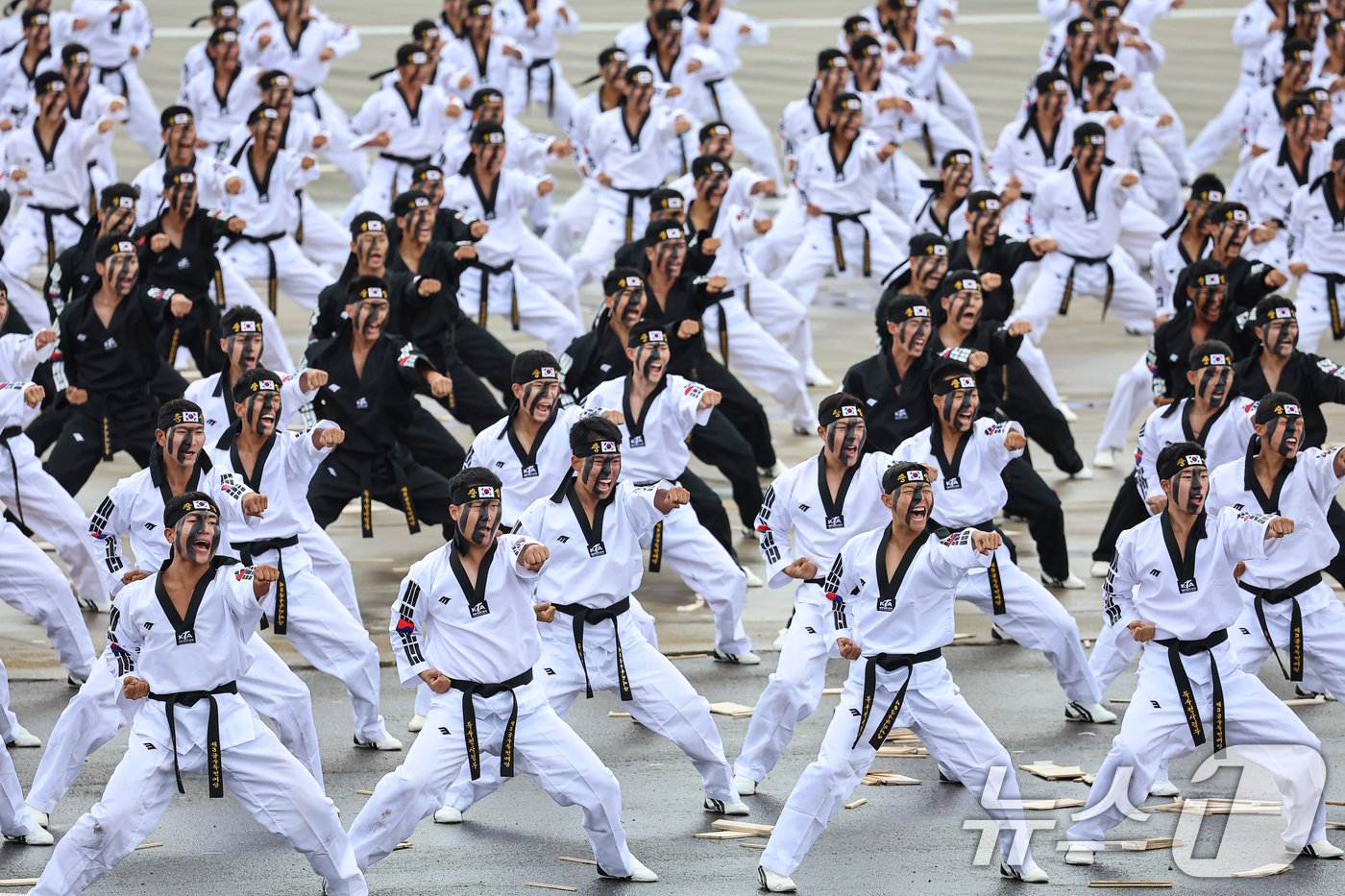 1일 경기도 성남 서울공항에서 열린 건군 제76주년 국군의 날 기념식에서 특전사 대원들이 태권도 품새 후 힘찬 함성을 지르고 있다. 2024.10.1/뉴스1 ⓒ News1 김도우 기자