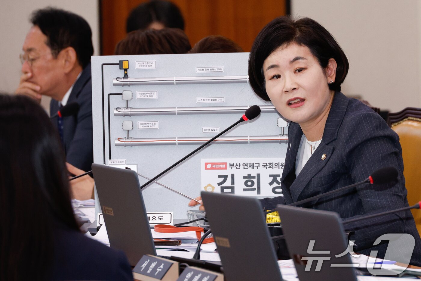 본문 이미지 - 김희정 국민의힘 의원이 10일 오후 서울 여의도 국회 국토교통위원회에서 열린 한국토지주택공사, 국토안전관리원 등 국정감사에서 발열선 설치 개요도를 두고 질의하고 있다. 2024.10.10/뉴스1 ⓒ News1 안은나 기자
