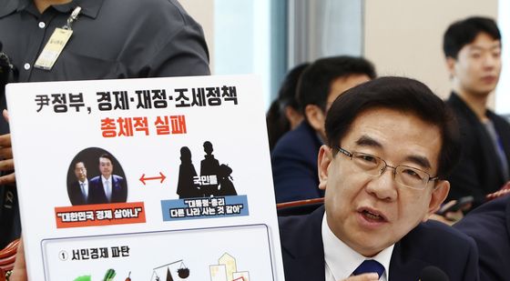 [국감]'윤 정부 경제·재정·조세정책 실패' 자료 보여주는 민주당