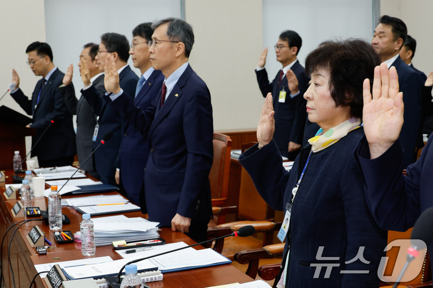 (서울=뉴스1) 안은나 기자 = 박지향 동북아역사재단 이사장(오른쪽 첫번째)을 비롯한 기관 증인들이 11일 오전 서울 여의도 국회 교육위원회에서 열린 한국교육학술정보원·한국고전번역 …