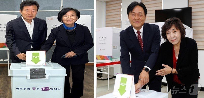 본문 이미지 - 더불어민주당 한연희 강화군수 보궐선거 후보자(사진 왼쪽)와 국민의힘 박용철 후보자가 자신의 아내와 함께 사전투표소를 찾은 모습 ⓒ News1 이시명 기자