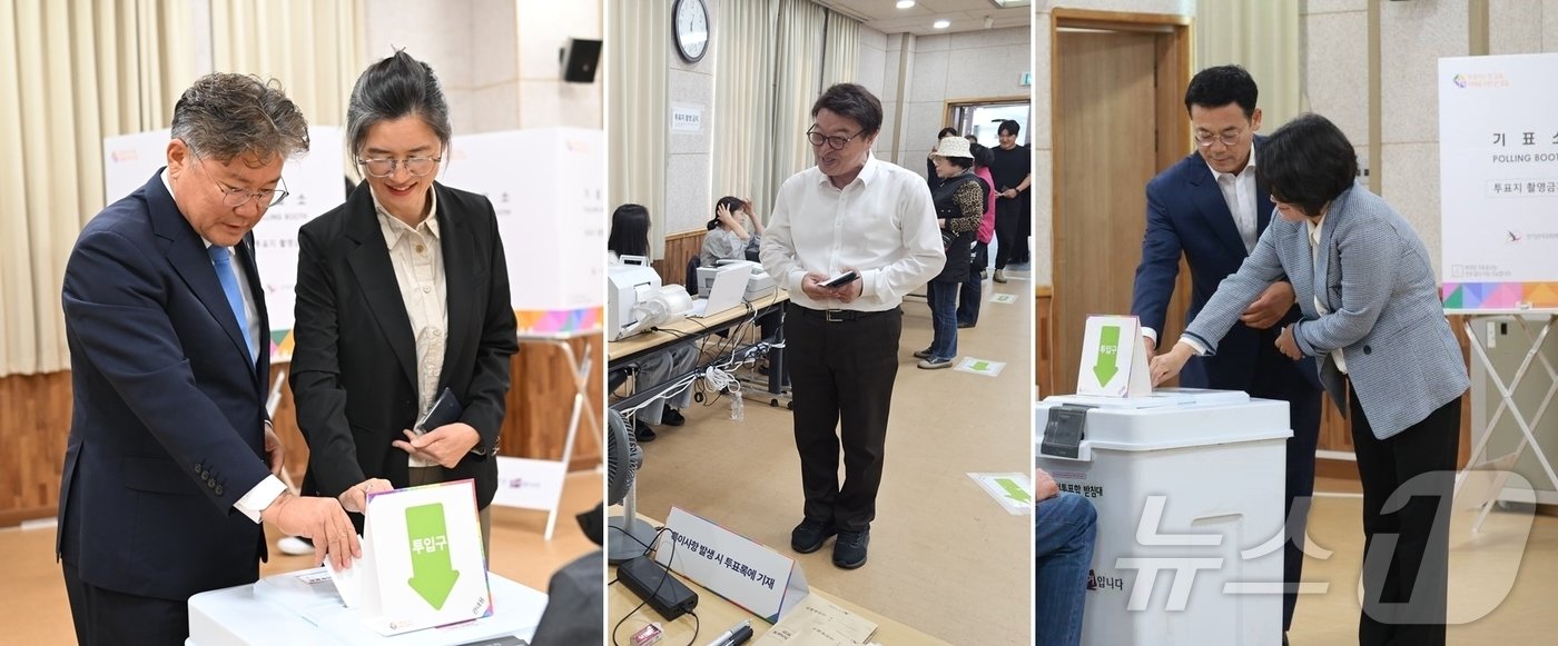 본문 이미지 - 10·16 전남 영광군수 재선거에 출마한 후보들이 11일 사전투표소에서 투표하고 있다. 왼쪽부터 더불어민주당 장세일, 조국혁신당 장현, 진보당 이석하.2024.10.11./뉴스1 ⓒ News1 서충섭 기자