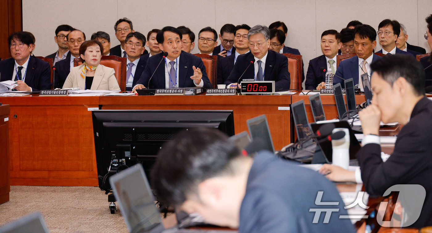 (서울=뉴스1) 안은나 기자 = 장영진 한국무역보험공사 사장이 11일 오후 서울 여의도 국회 산업통상자원중소벤처기업위원회에서 열린 대한무역투자진흥공사·한국무역보험공사 등 국정감사에 …