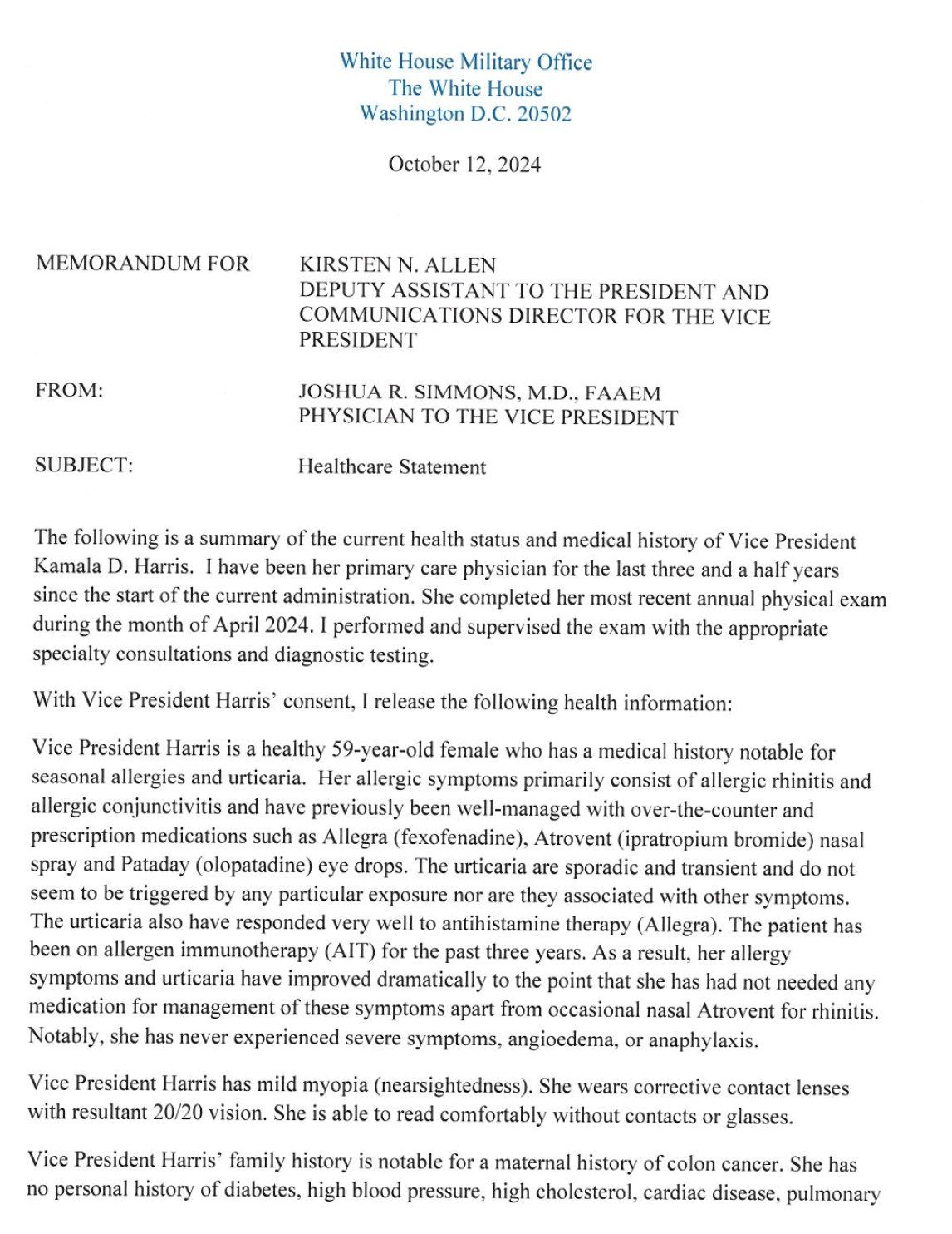 본문 이미지 - 백악관 홈페이지에 공개된 미국 민주당 대선 후보이자 부통령인 카멀라 해리스의 건강 상태에 관한 주치의의 서한 일부. 2024.10.12/뉴스1