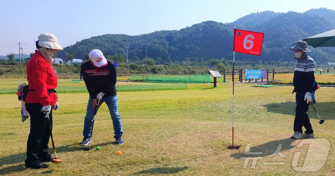 천안 첫 정식 파크골프장인 풍서천 파크골프장에서 동호회원들이 운동을 즐기고 있다. 2024.10.11. /뉴스1ⓒNews1 이시우 기자